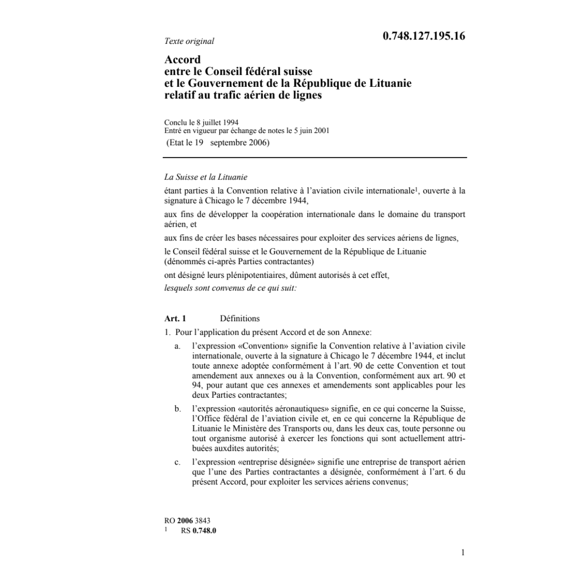 ACC CH-Rép Lituanie trafic aérien de lig