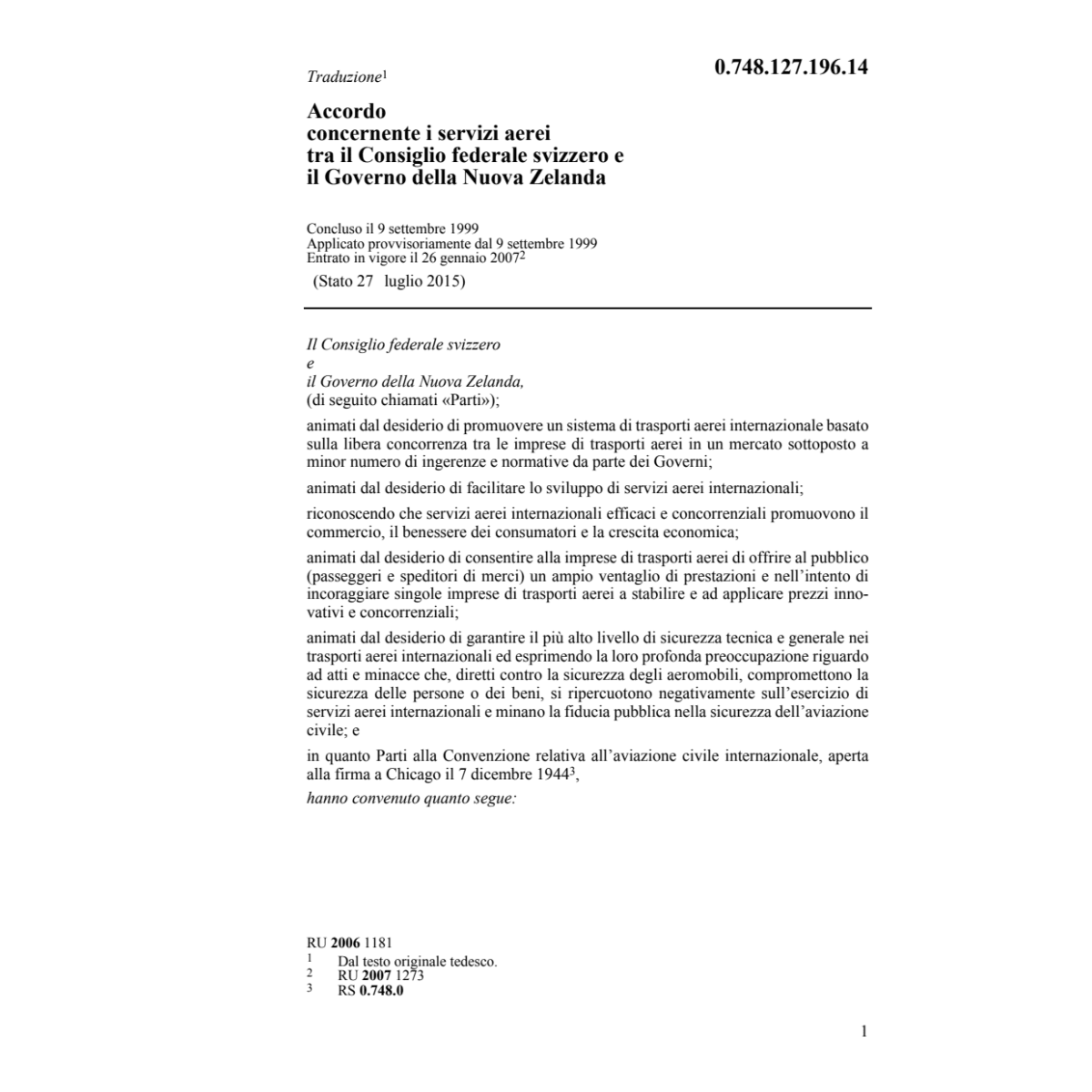 Acc. servizi aerei Nova Zelanda