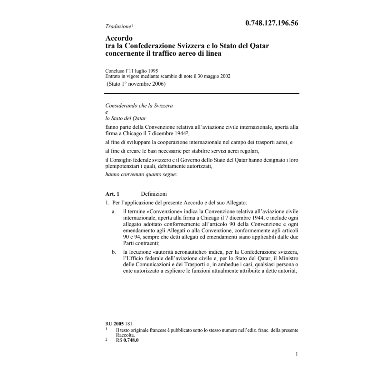 Acc.CH-Qatar traffico aereo linea