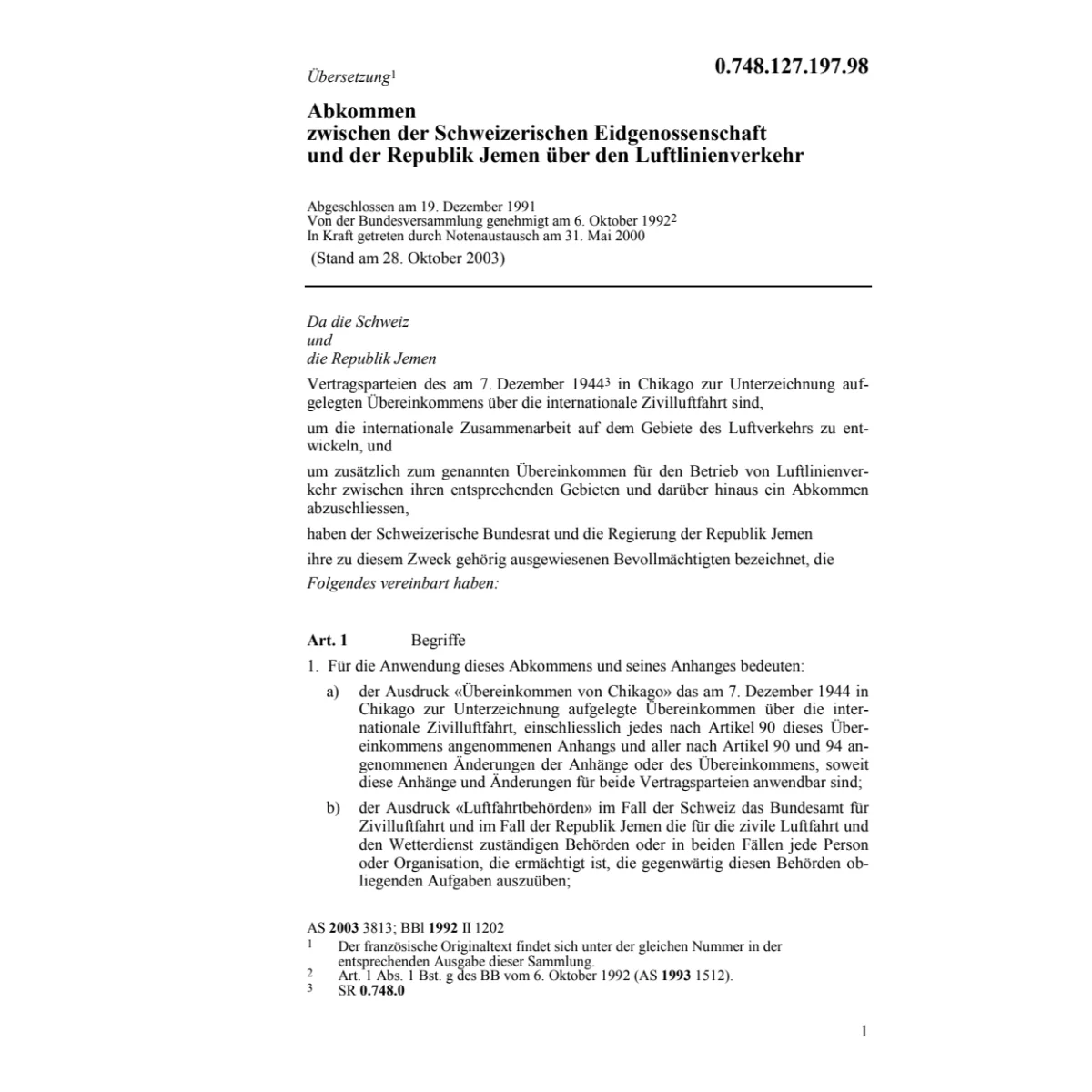 Abk. CH-Jemen Luftlinienverkehr