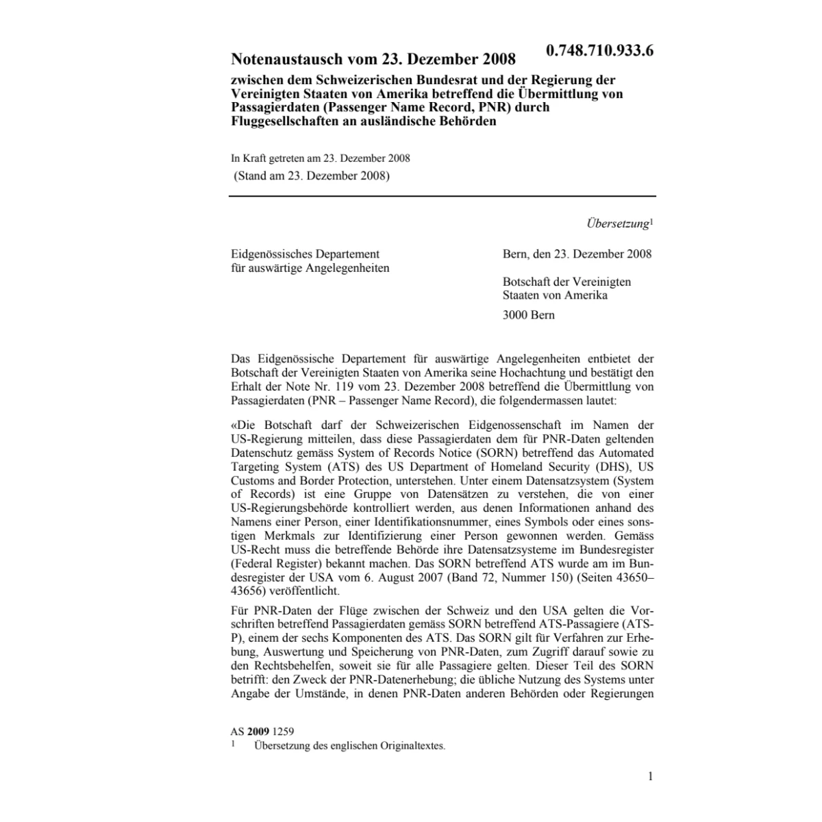 Notenaustausch CH-USA Passagierdaten