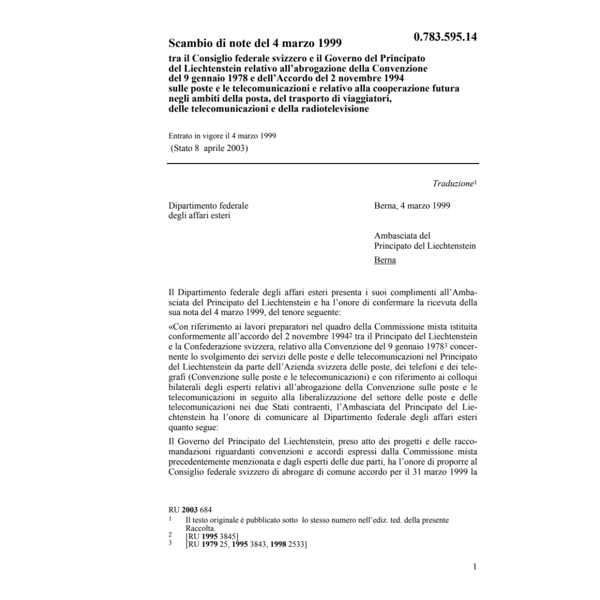 Conv. CH/FL servizi delle poste/telecom.