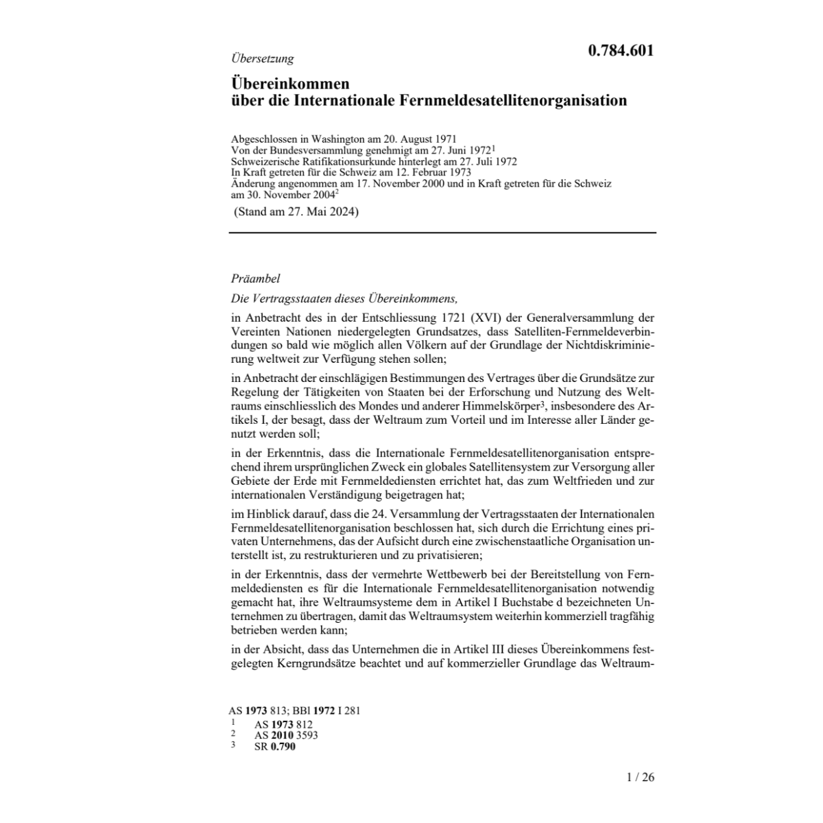 Uebereink. Int. Fernmeldesatelliten