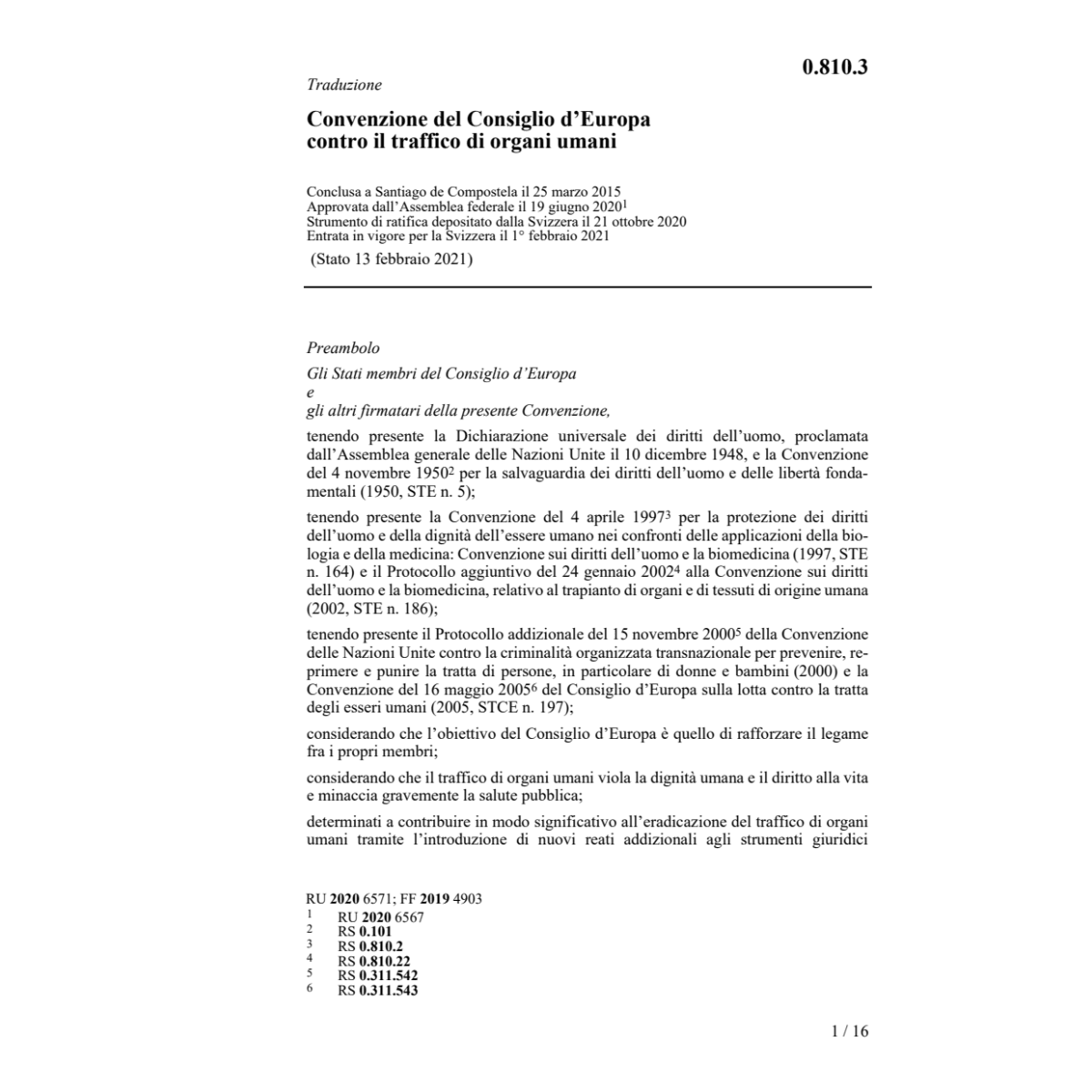Conv. Consiglio d'Europa traffico organi