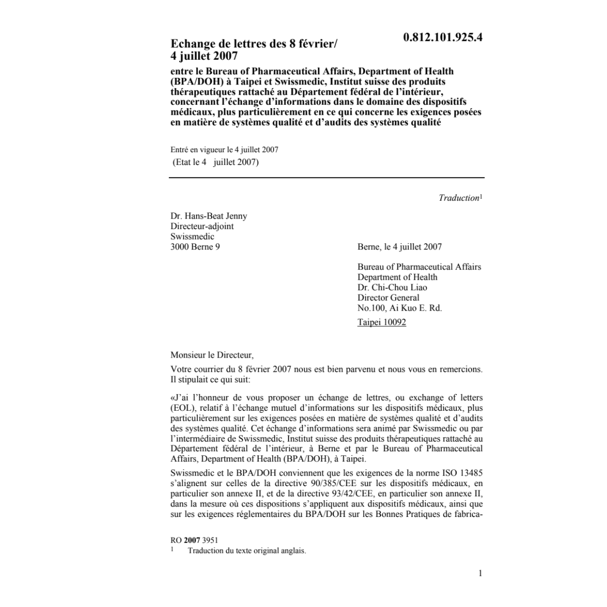 Echange de lettres des 8 février/4.7.07