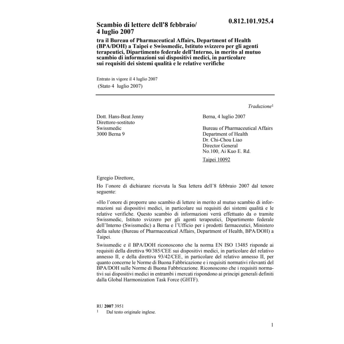 Scambio di lettere dell'8febbraio/4.7.07