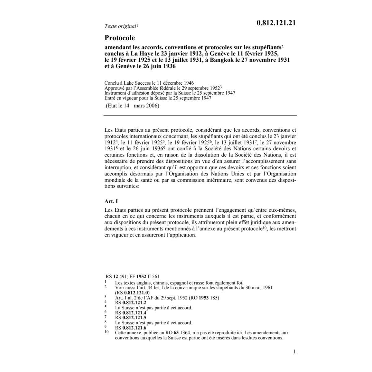 Protocole 11 décembre 1946 amendant acc.