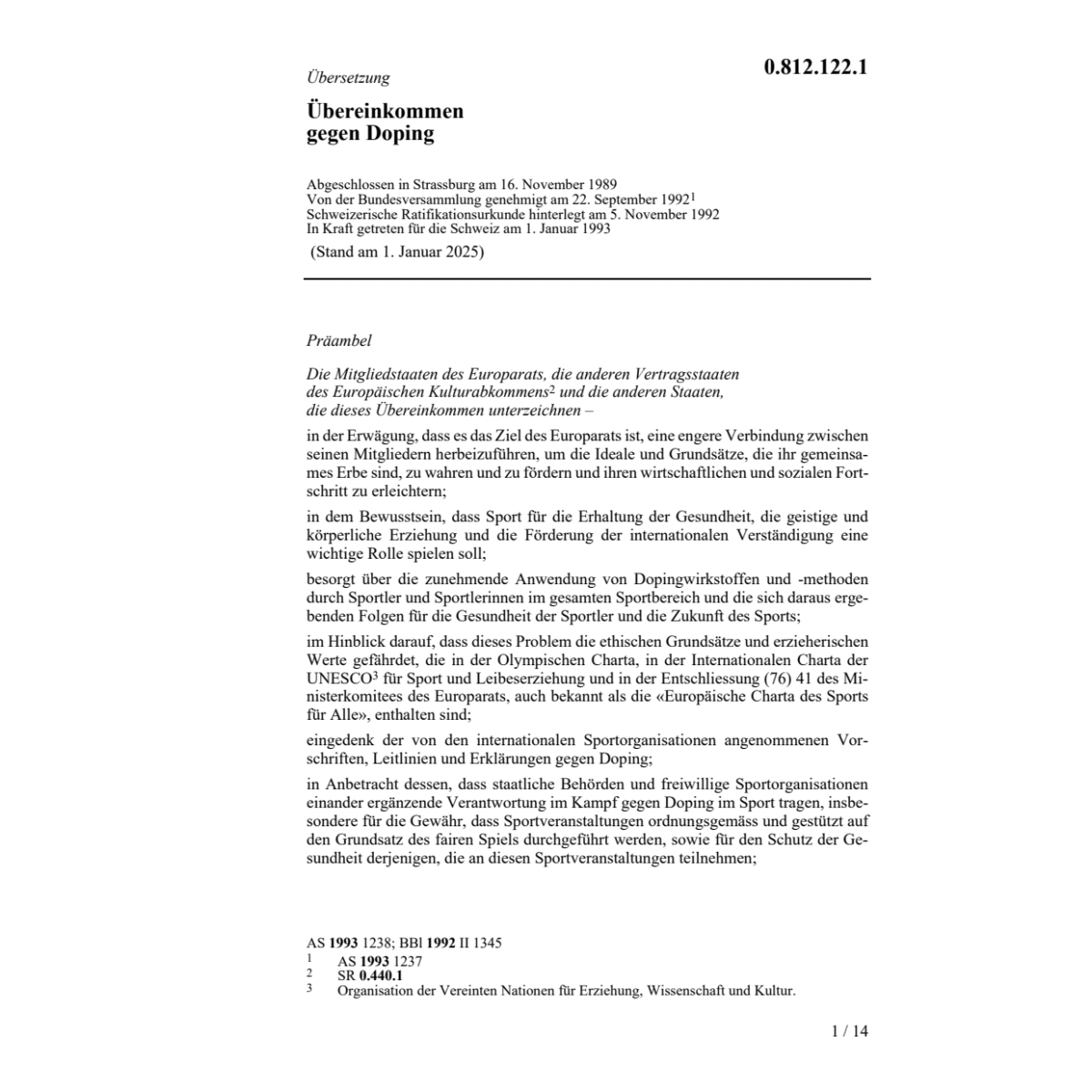 Uebereinkommen gegen Doping
