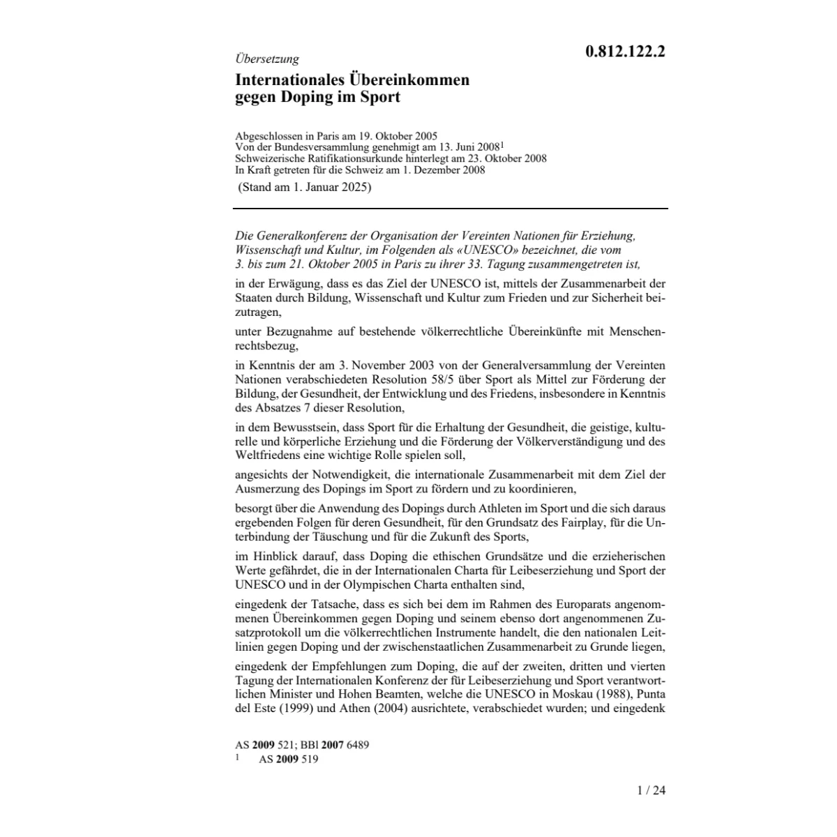 Internat.Übereink. Doping Sport