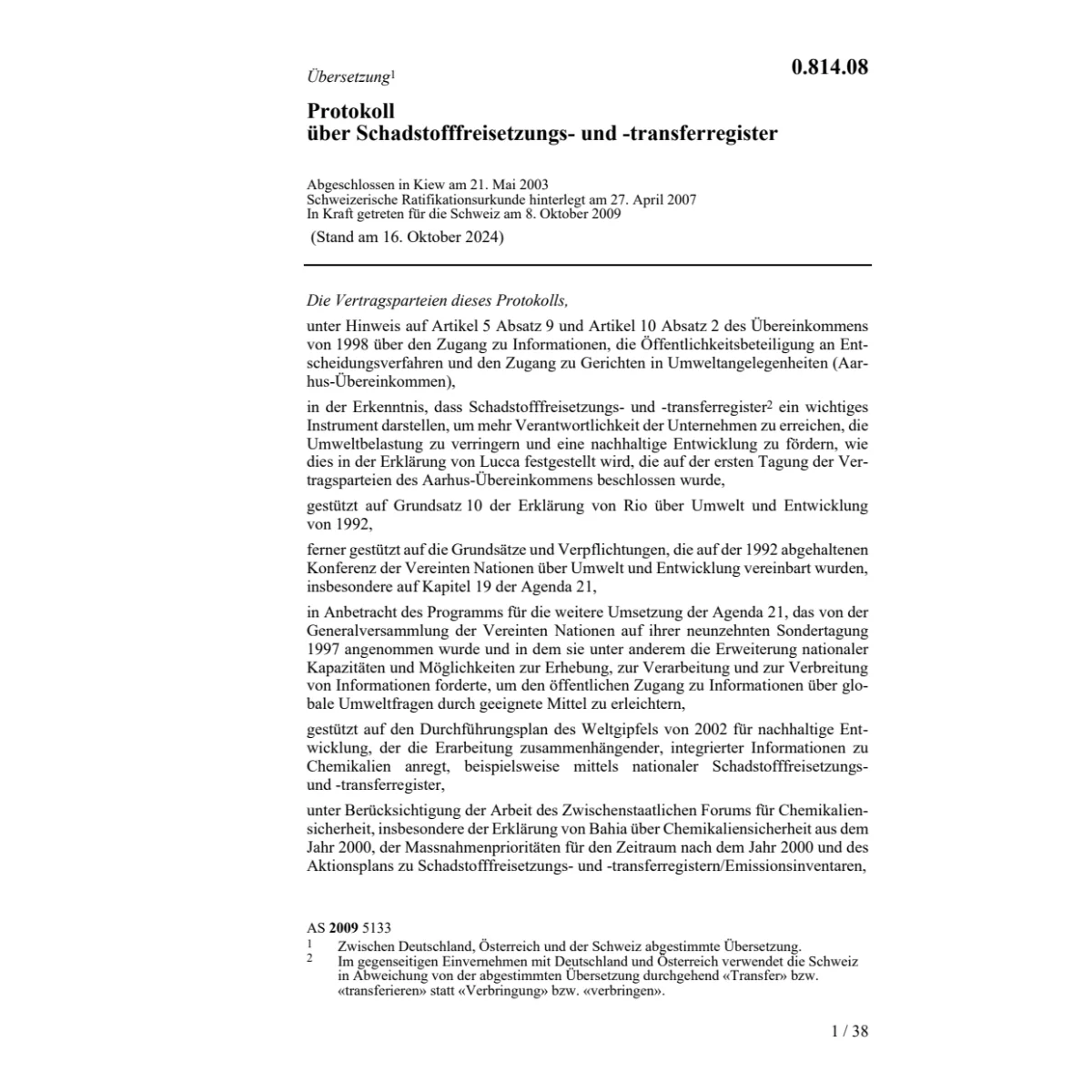 Protokoll Schadstofffreisetzungsregister