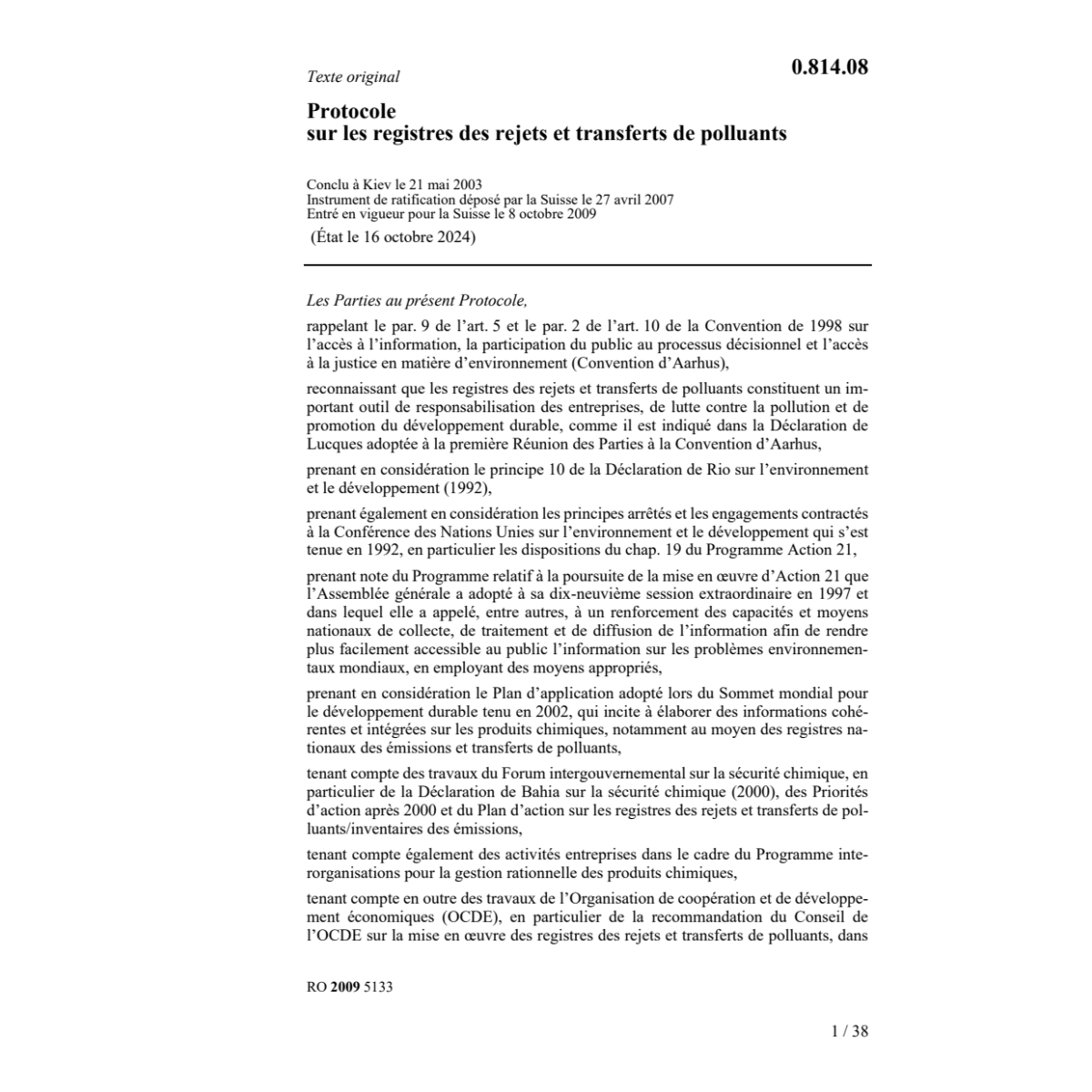 Protocole registres rejets polluants