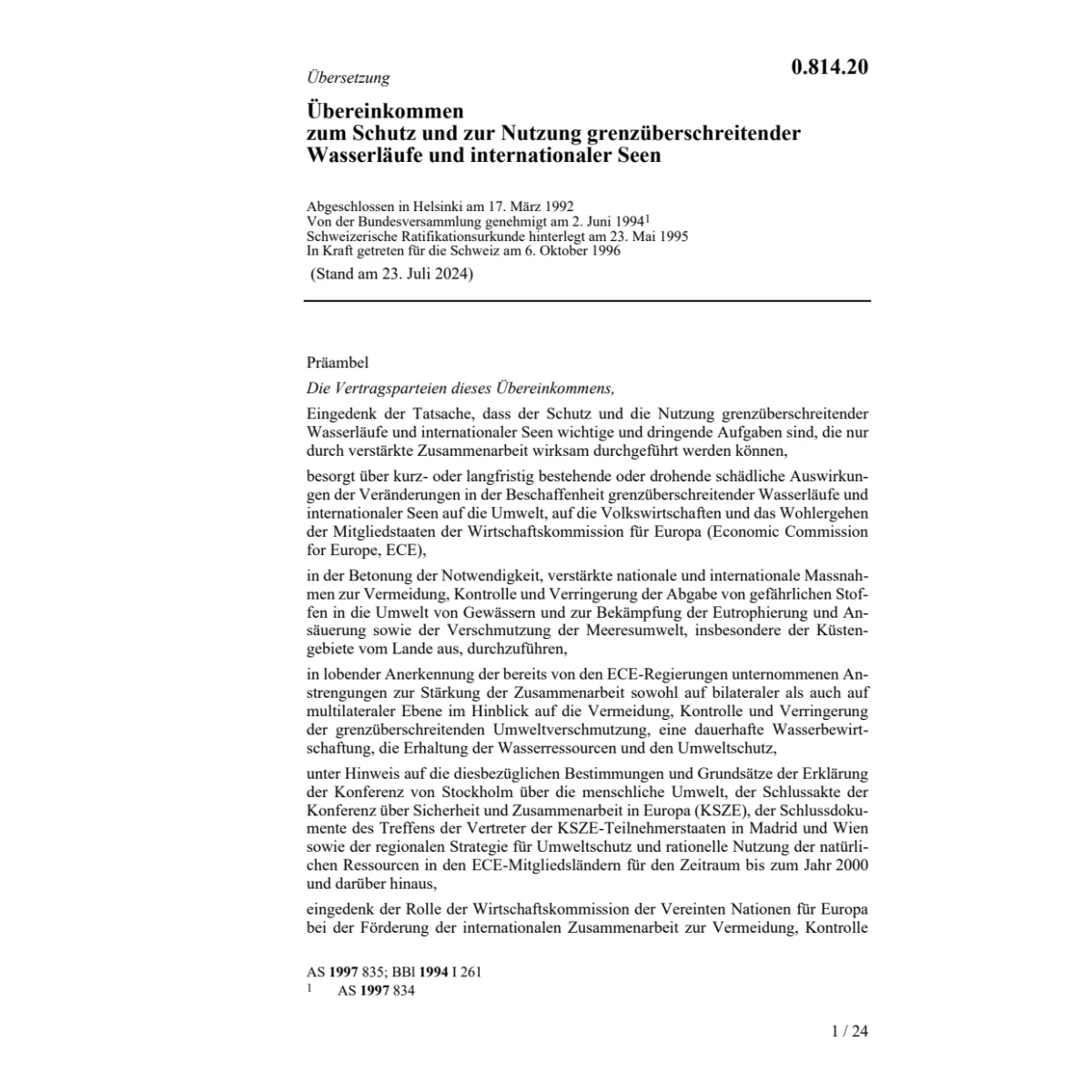 Uebereink. Schutz/Nutzung Wasserläufe