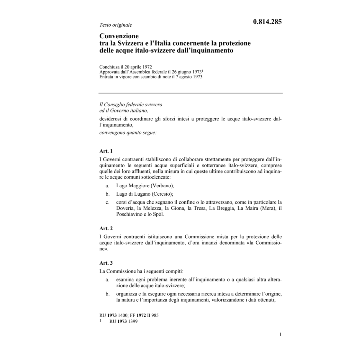 Convenz.20 aprile 1972 CH-I protez.acque