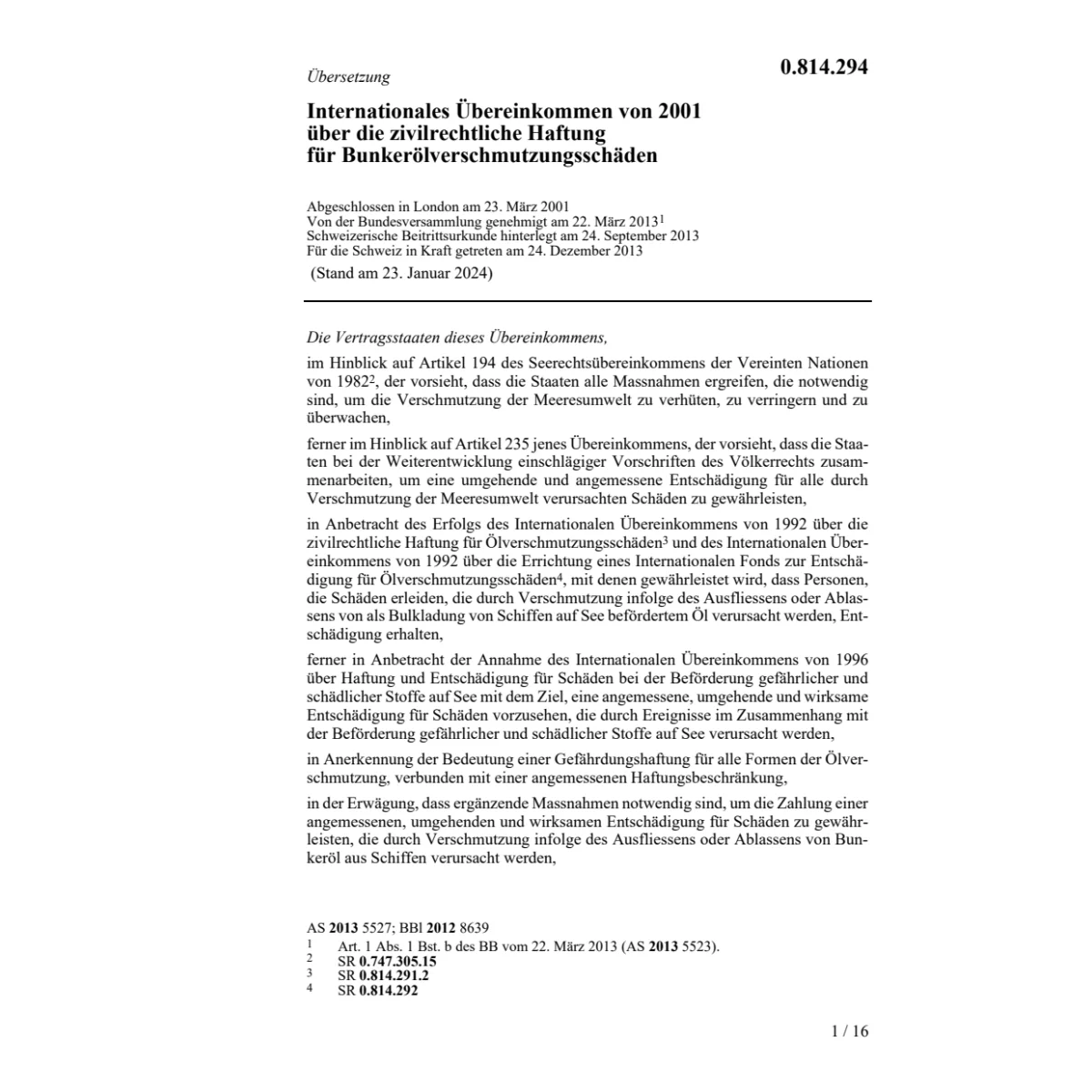 Übereink. Bunkerölverschmutzungsschäden