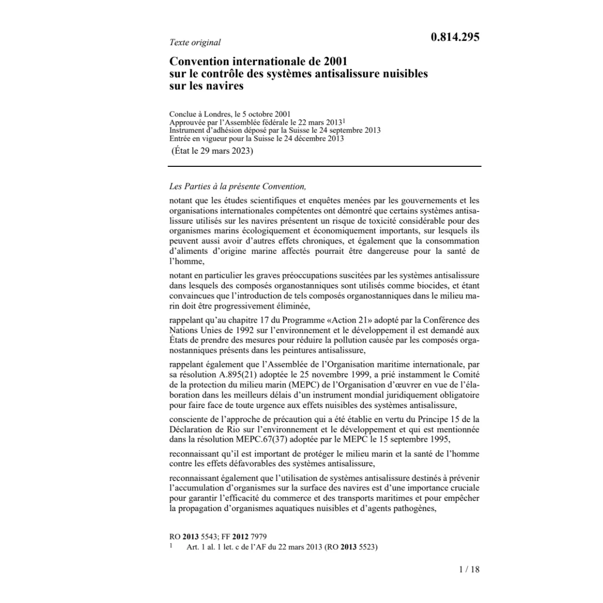 Conv. antisalissure nuisibles navires