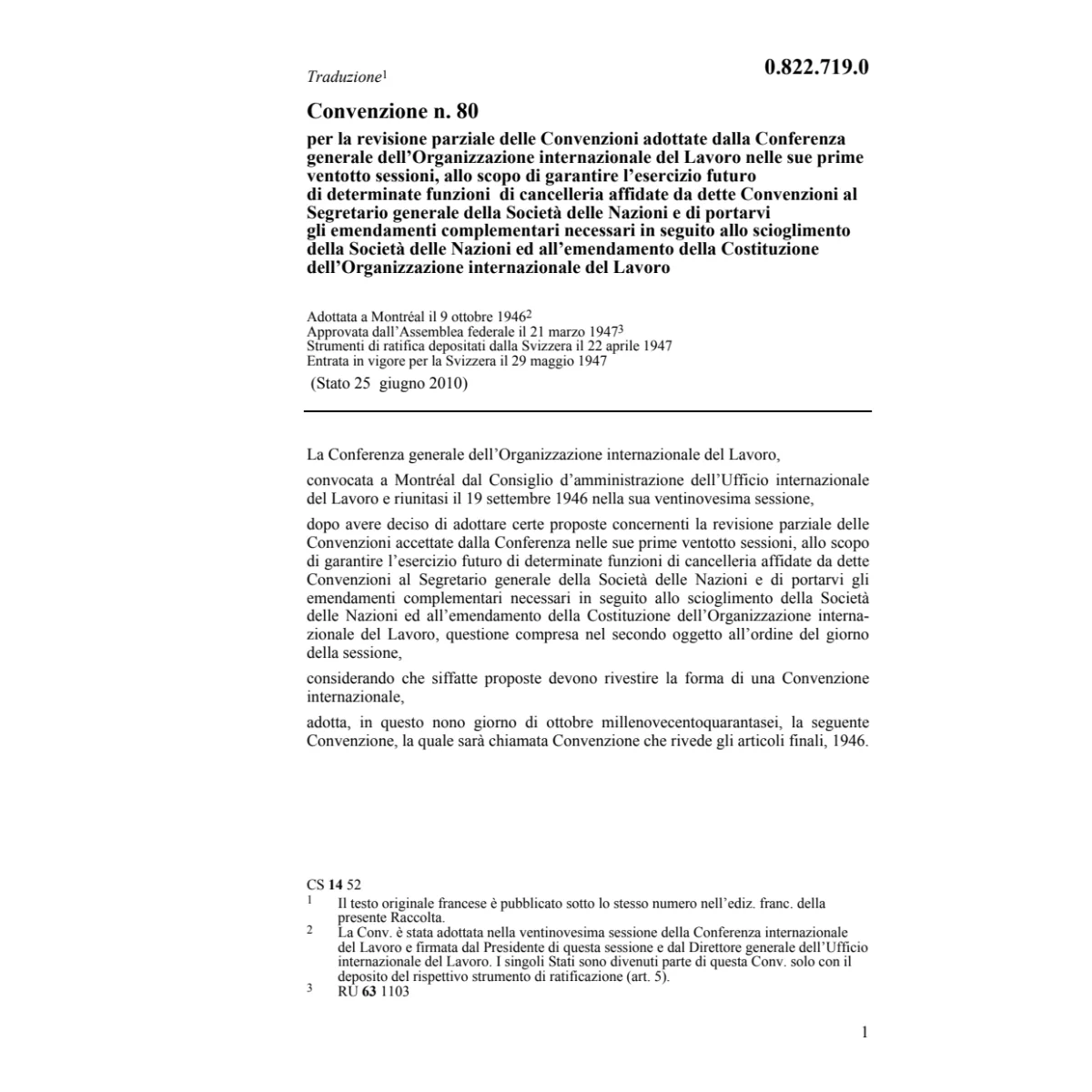 Convenzione No.80 del 9 ottobre 1946