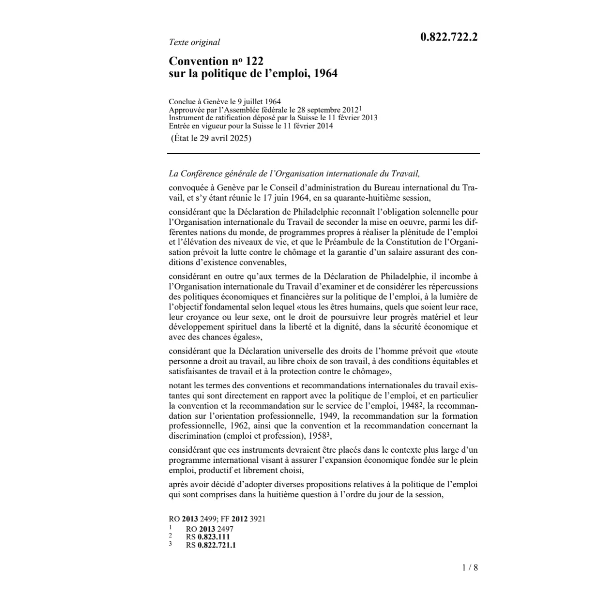 Conv. no 122 la politique de l'emploi