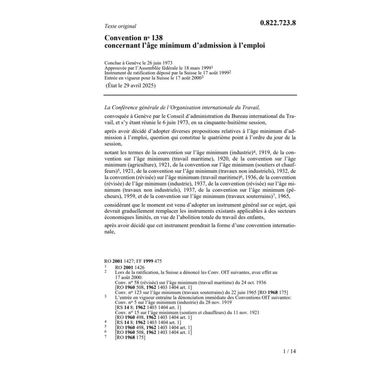 Con. l'âge minimum d'admission l'emploi
