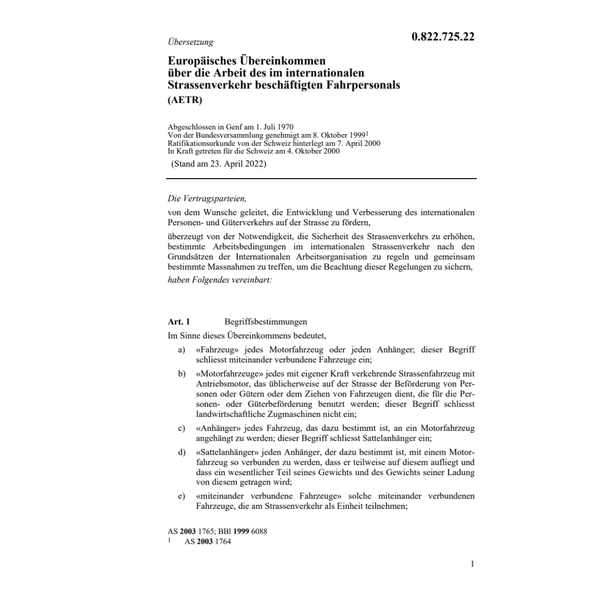Europ. Uebereinkommen Fahrpersonals AETR
