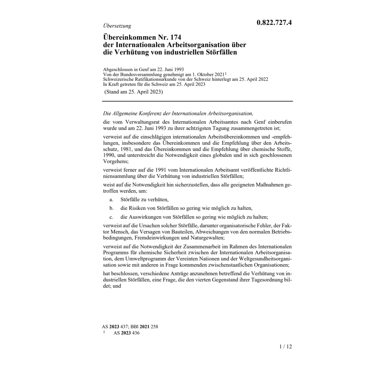Übereink. Verhütung industr. Störfällen