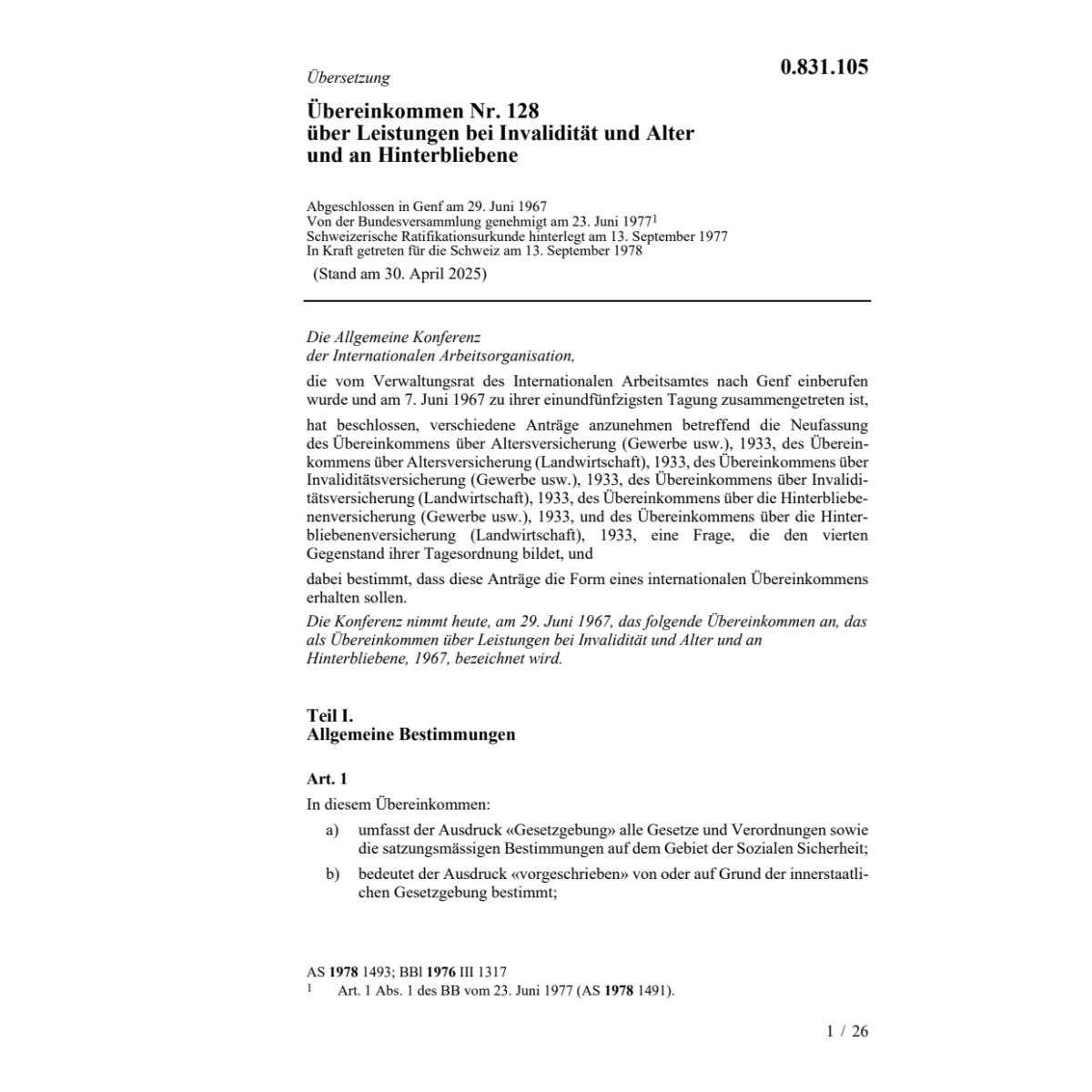 Uebereink. Leistungen bei IV und Alter