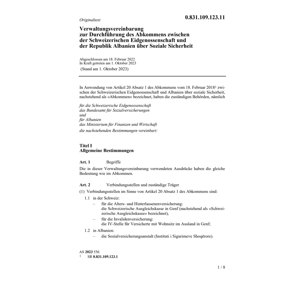 Vereinb. 18.02.22 Schweiz. Eidg Albanien