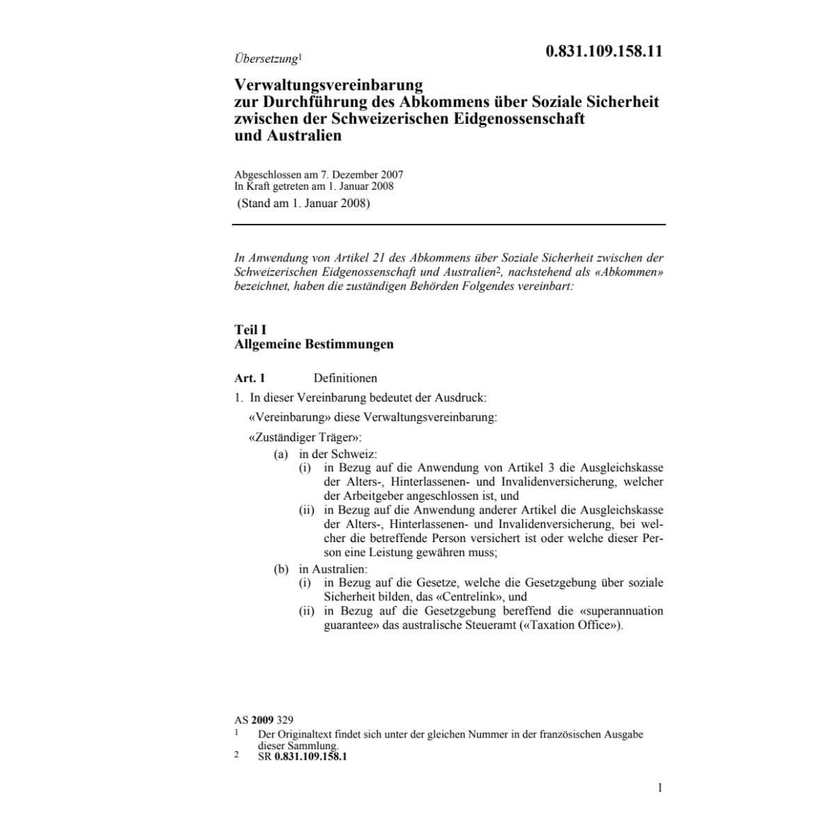 Verwaltungsvereinbarung CH-Australien