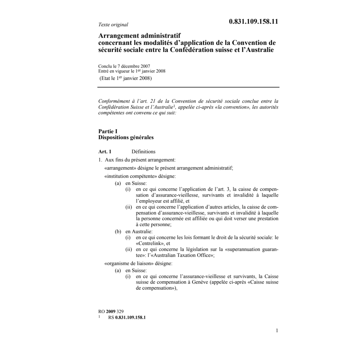 Arrangement administratif CH-Australie