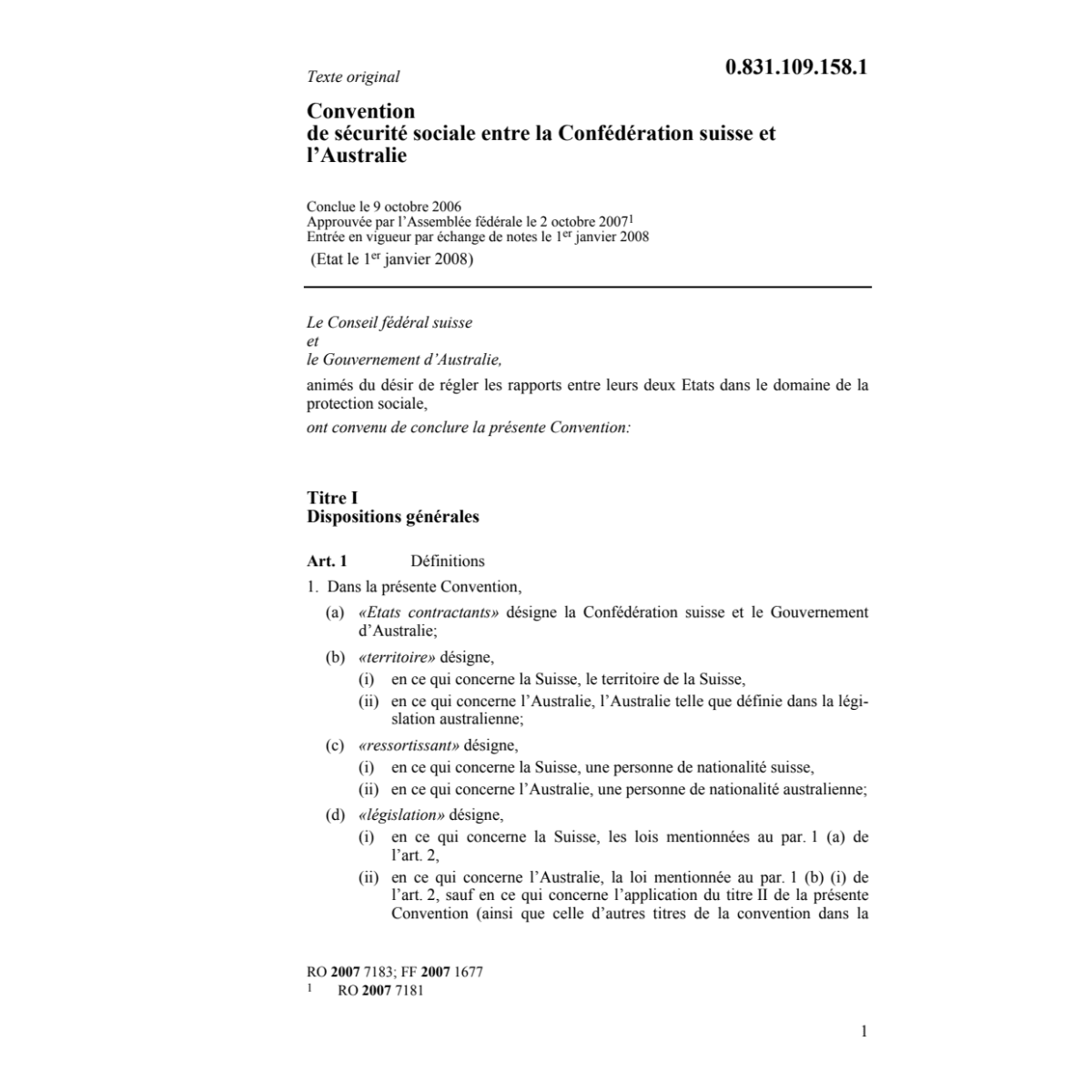 Conv. CH-Australia sécurité sociale