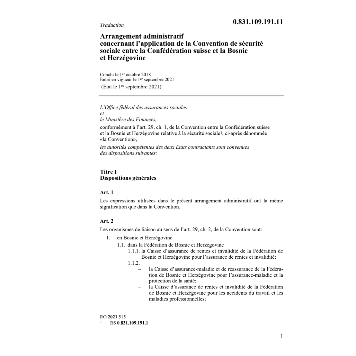 Arrangement admin. Bosnie Herzégovine