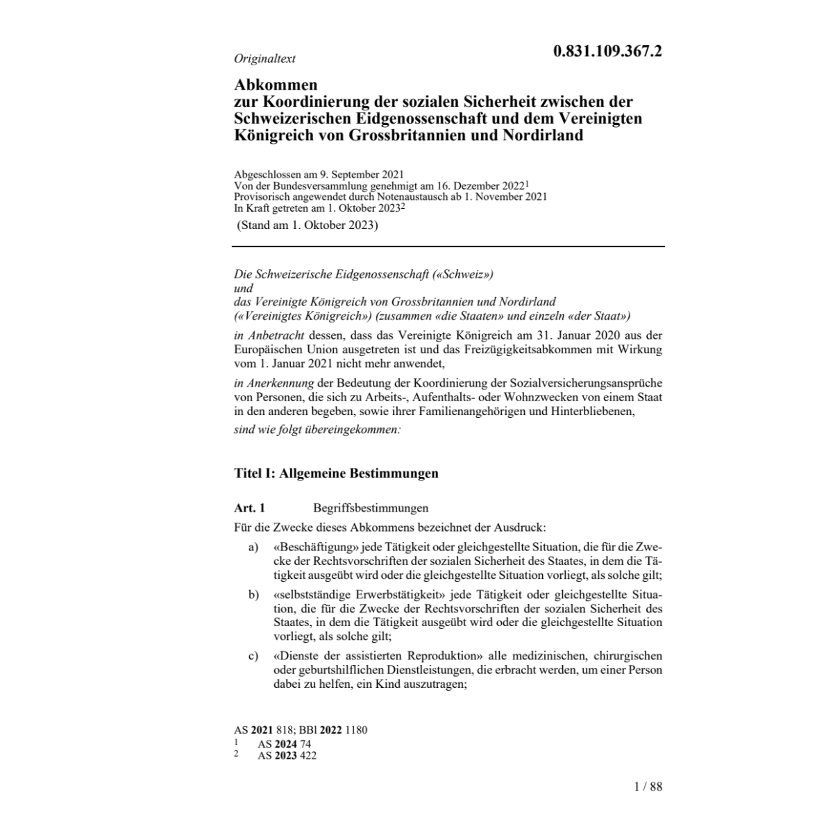 Abk. 9.9.21 soz. Sicherheit Schweiz. Eid