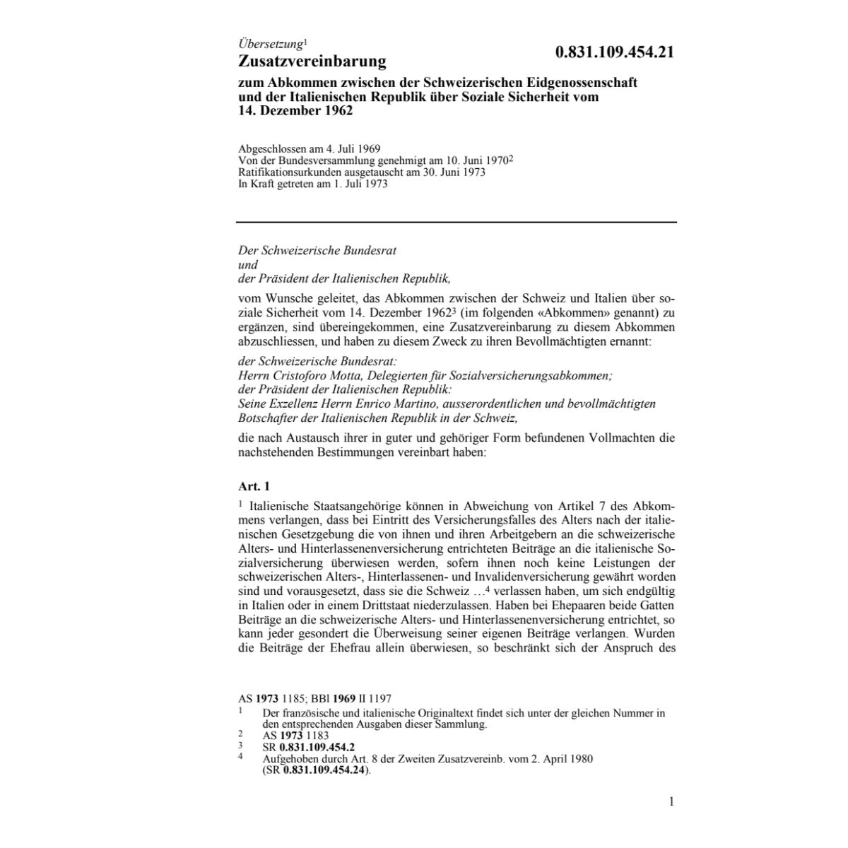 Zusatzvereinb. Italien, soz. Sicherheit