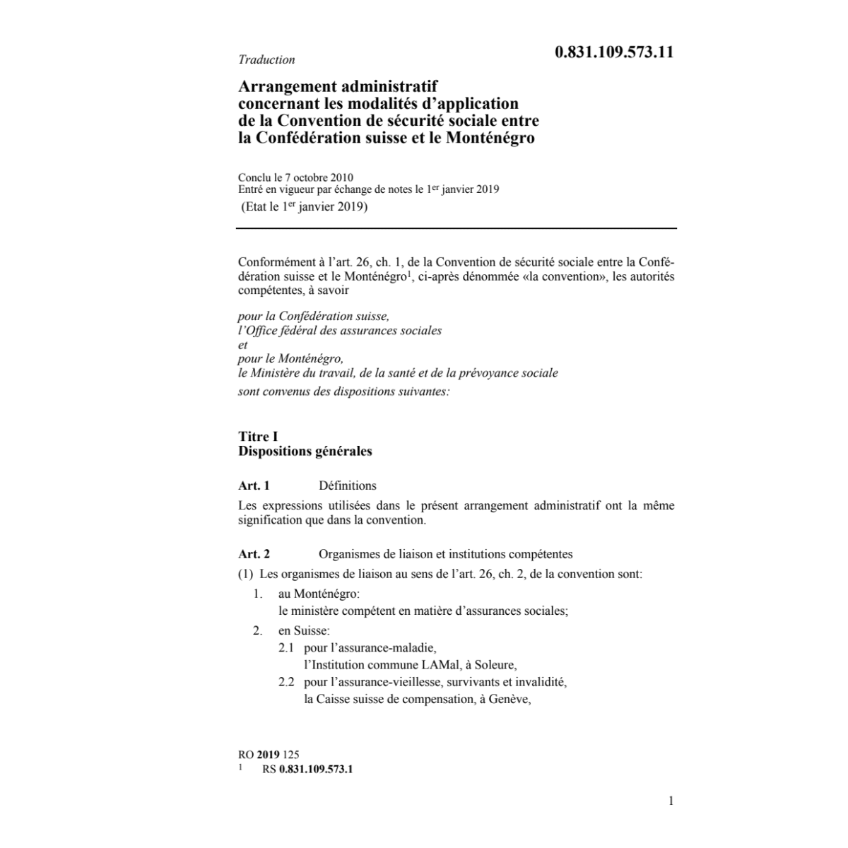 Arrangement administratif Monténégro