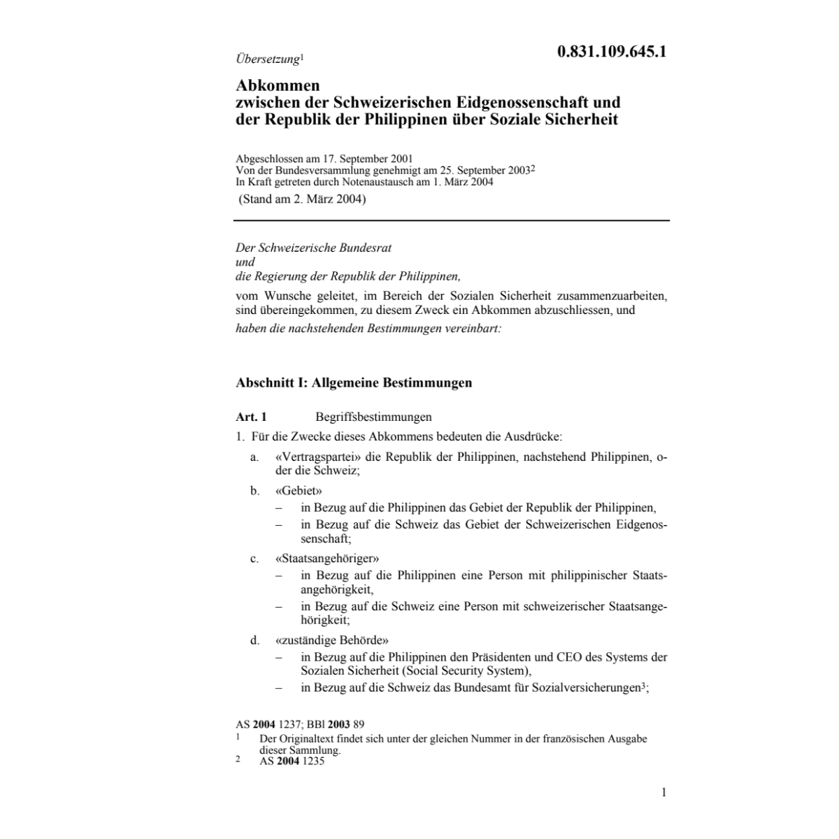 Abk. CH-Philippinen Soziale Sicherheit