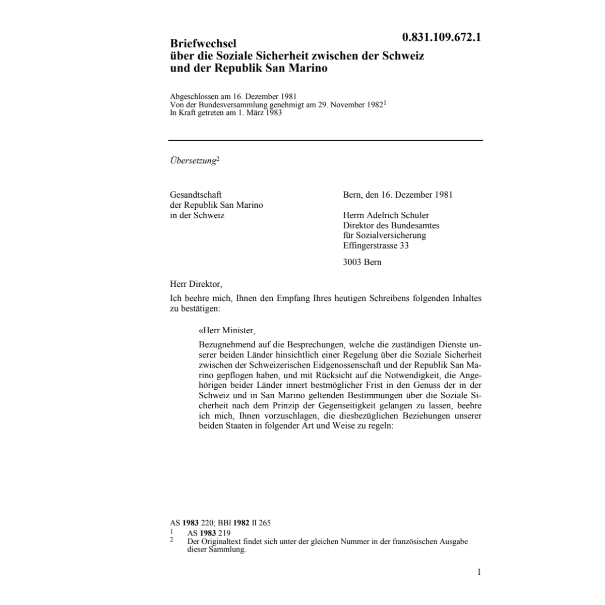Briefwechsel San Marino, Soz.Sicherheit