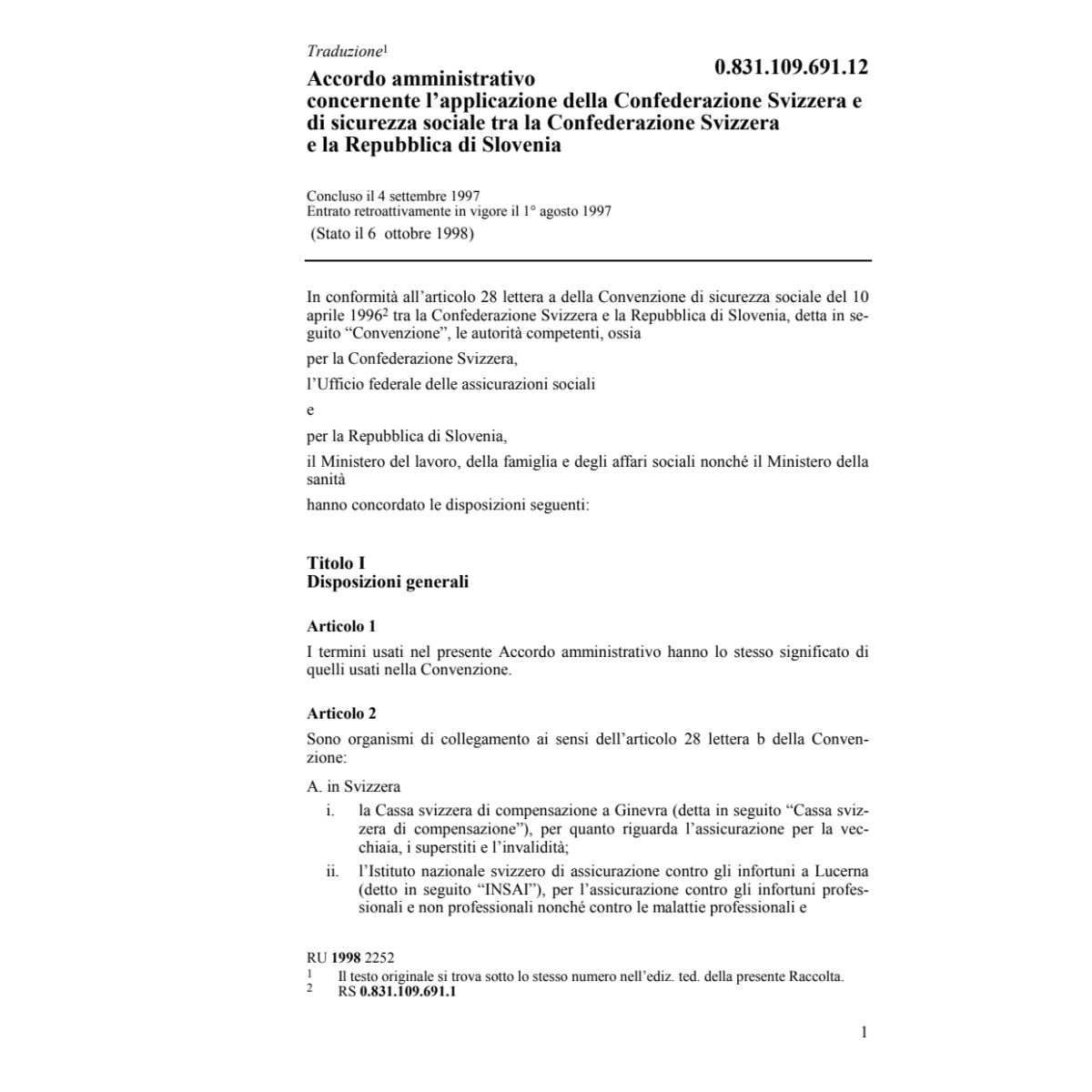 Convenzione sicurezza sociale, Slovenia