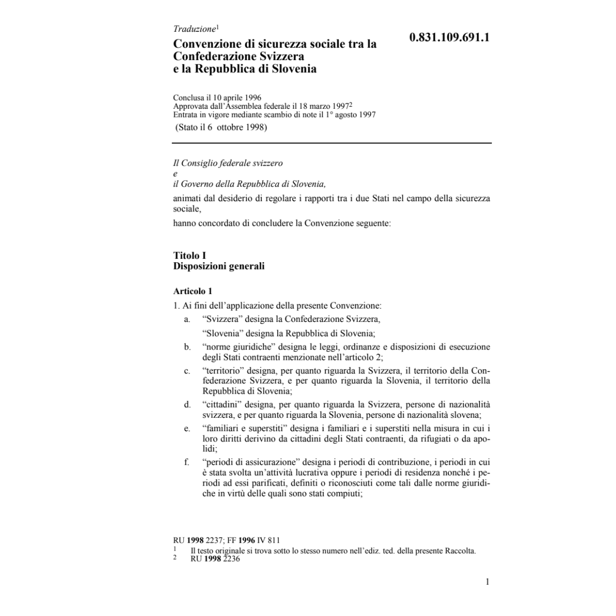 Conv. sicurezza sociale CH/Slovenia
