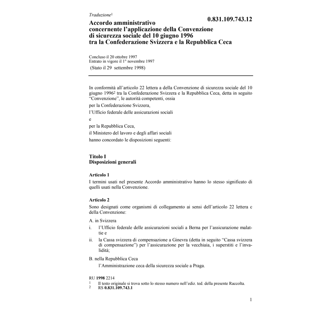 Acc. ammin. Conv. sicurezza sociale Ceca
