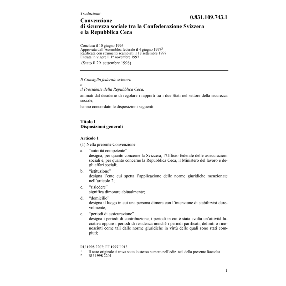 Conv. sicurezza sociale, Rep. Ceca