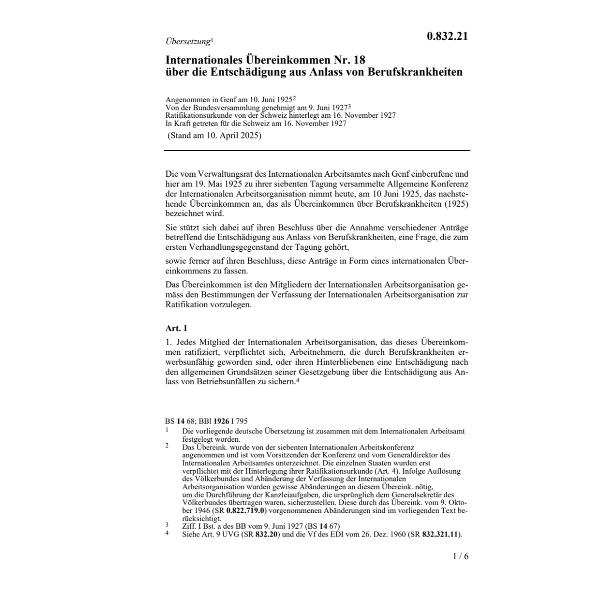 Uebereink. Entschädigung Berufskrankheit