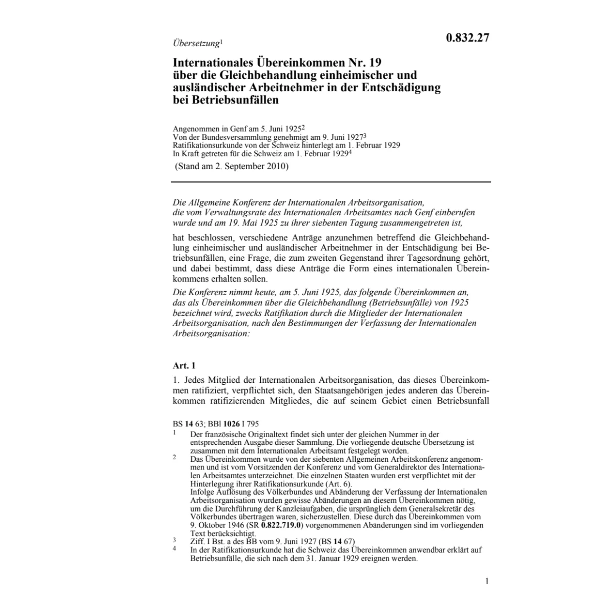 Uebereink. Entschädigung Betriebsunfälle