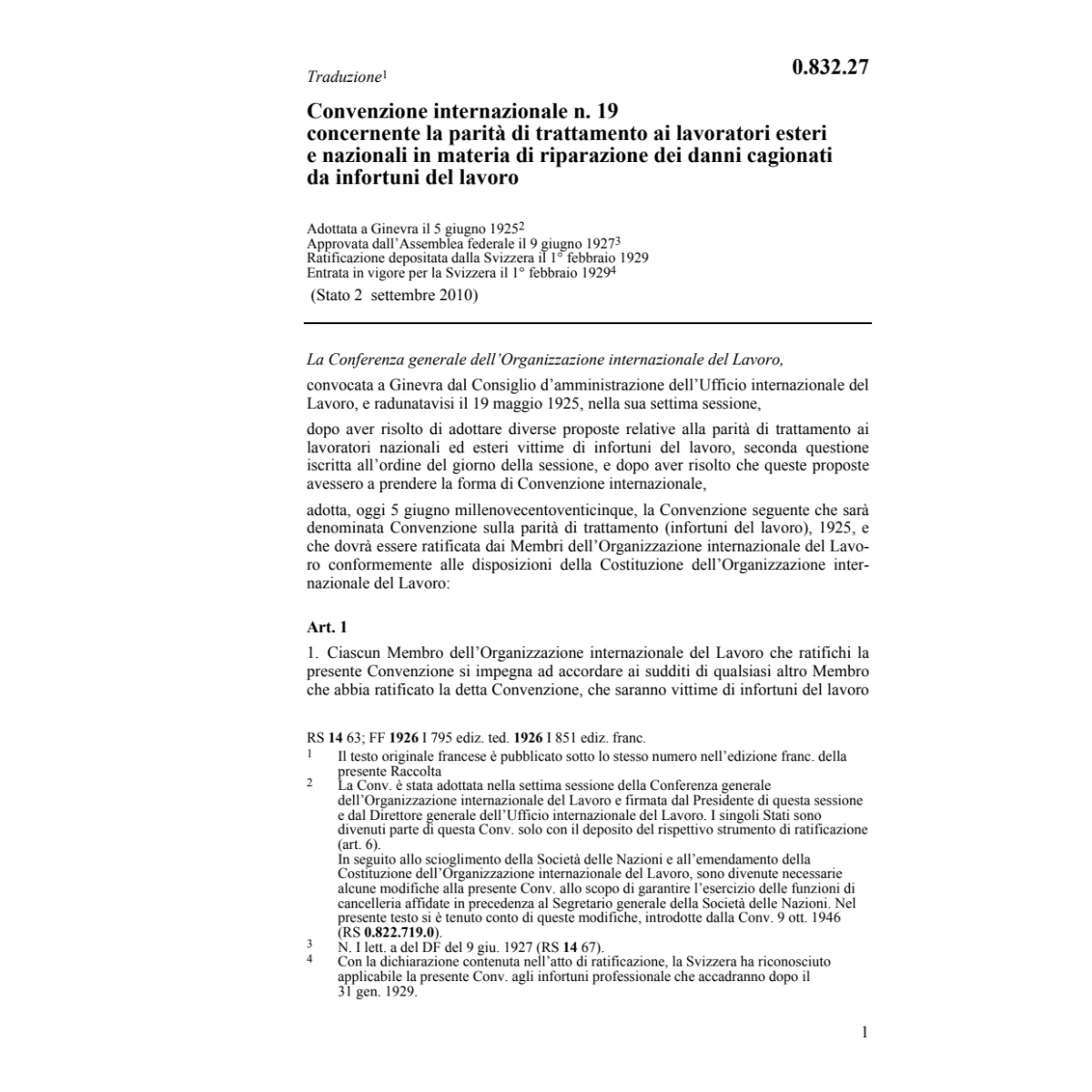 Conv. parità riparazione infortuni/lavor