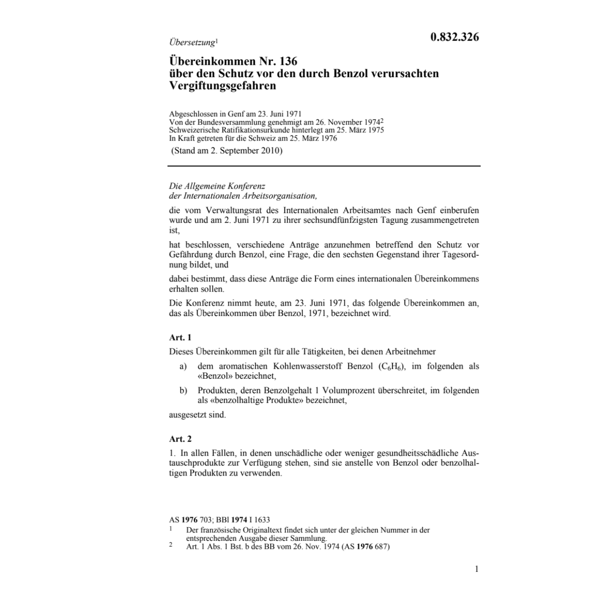 Uebereink. Benzol-Vergiftungsgefahren