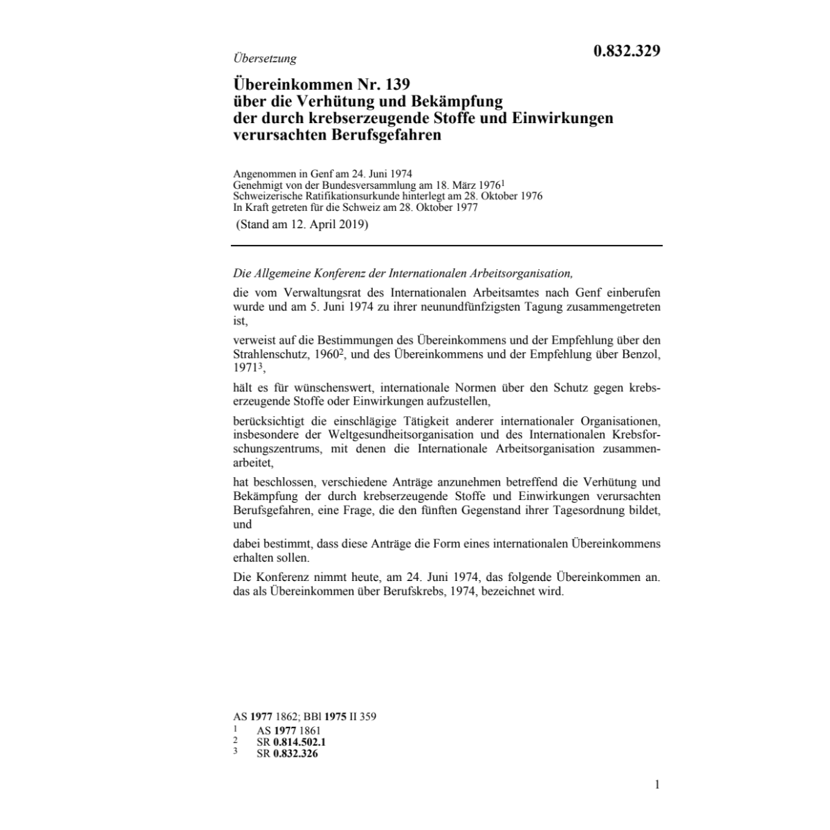 Uebereink. Berufsgefahren krebserr.Stoff
