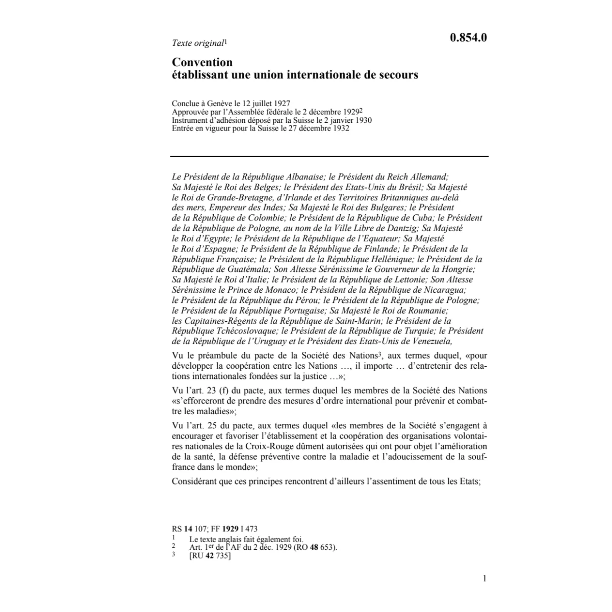 Conv.établissant union internat./secours