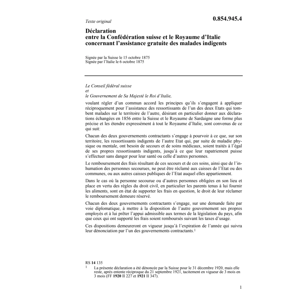 Décl. Italie, assistance indigents