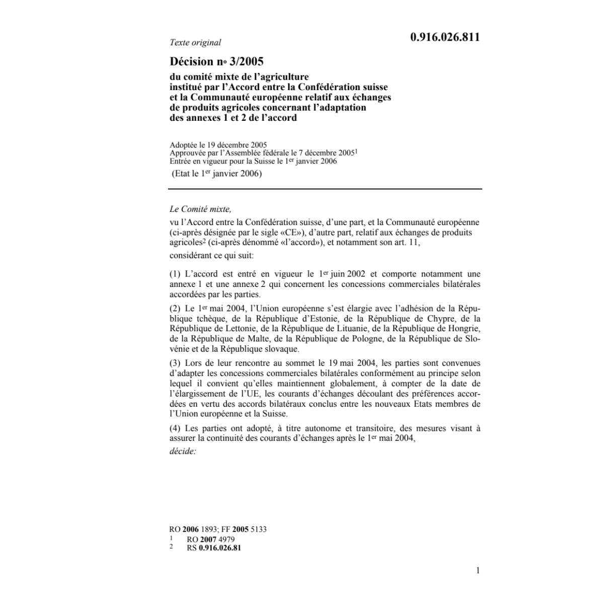 D No 3/2005 échanges produits agricoles