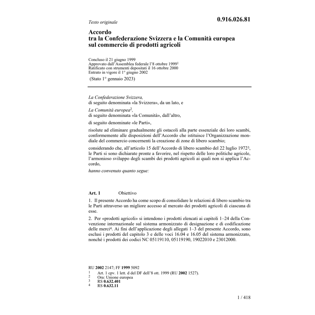 Acc. CH-EG commercio prodotti agricoli