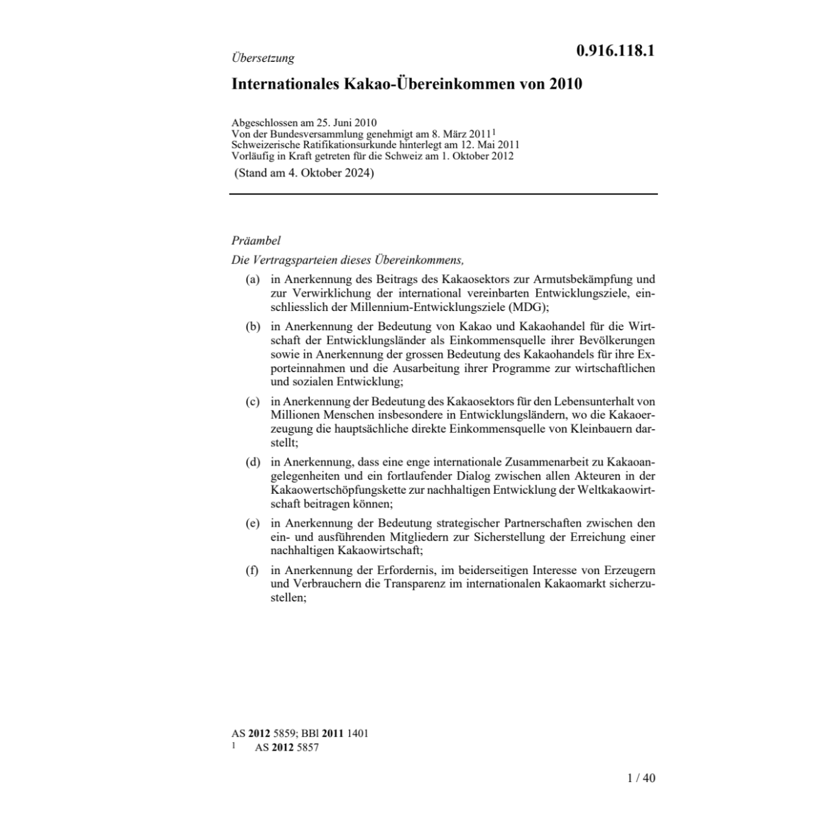 Internat. Kakao-Uebereinkommen von 2010