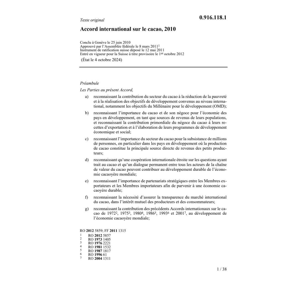 Accord internat. de 2010 sur le cacao